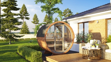 Barrel Sauna LEO With Front Full Glass And Back Half Moon Glass | Ø 200 x 160 cm (6'5" x 5'4")