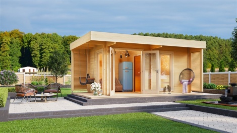 NEW! Compact sauna cabin with a terrace ASTA 70 | 5.1 x 2.8 m (16'8'' x 9'1'') 70 mm 