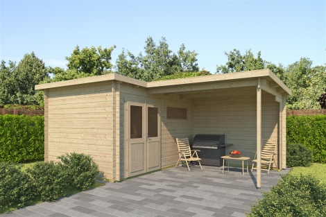 Flat roof garden shed with a veranda LOLA 28 | 5.8 x 4 m (18'12'' x 13'1'') 28 mm