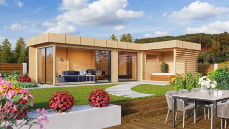 Sauna cabin with ALU Concept glazed terrace QUIETO 70 | 10.6 x 5.9 m (34'8'' x 19'4'') 70 mm
