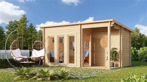 NEW! | Sauna cabin with large windows TALLEBORG 70 | 5.6 x 3.9 m (18'4'' x 12'9'') 70 mm