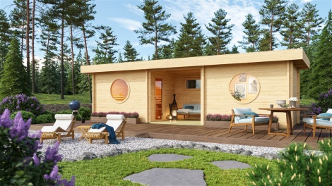 Sauna cabin with a separate lounge room VISBY 70 | 9.1 x 2.8 m (29'8'' x 9'1'') 70 mm